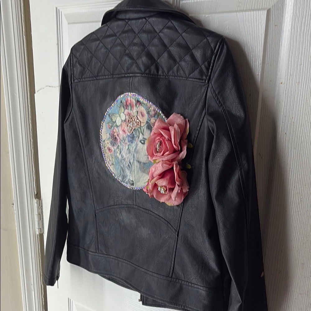 Black Leather Jacket with Floral Embellishments